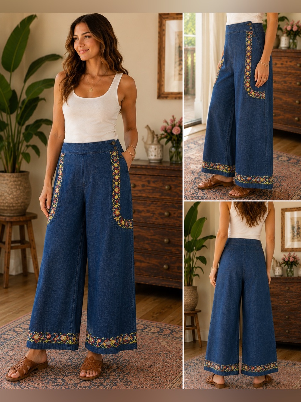 Vintage April Cornell Embroidered Wide Leg Gaucho Pants Boho Floral